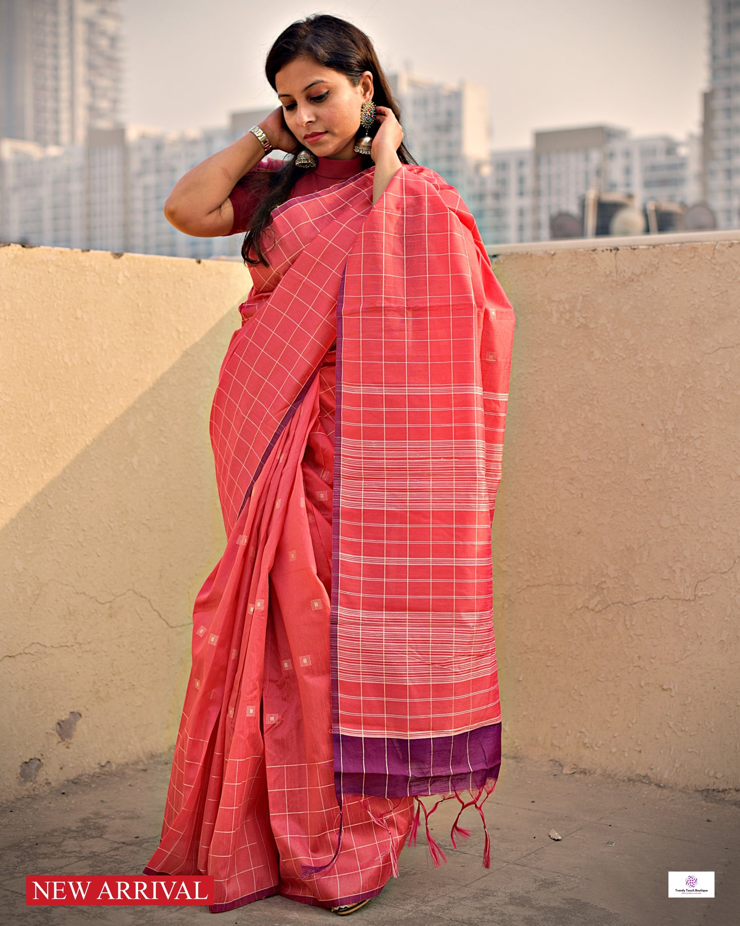 FAGUN - COTTON SILK SAREE  (PEACH & MAGENTA)