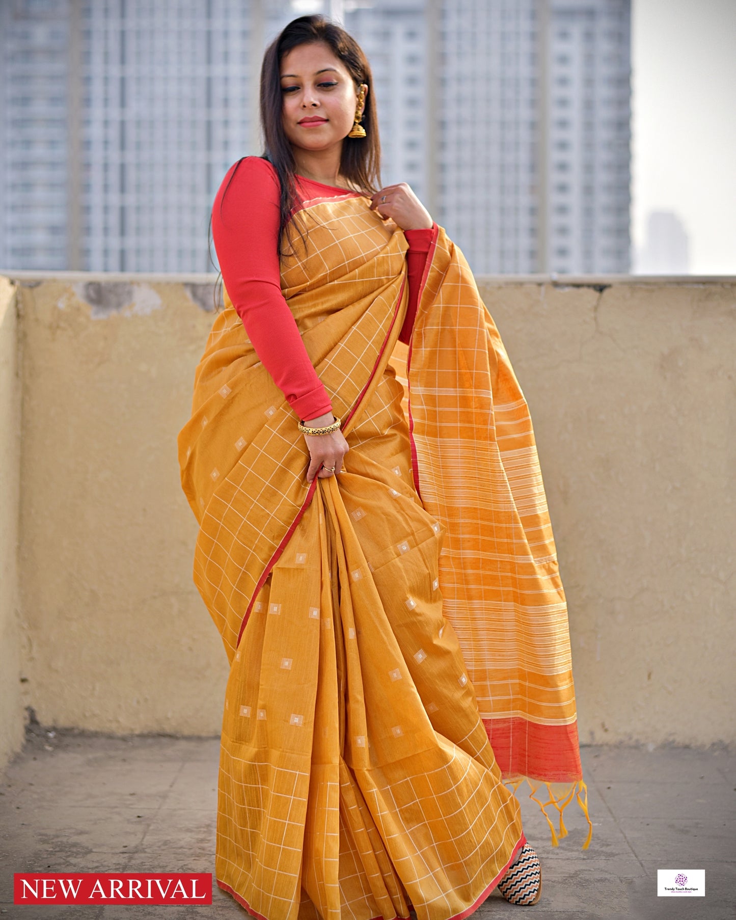 MARIGOLD - SILK COTTON SAREE (ORANGE YELLOW & RED)