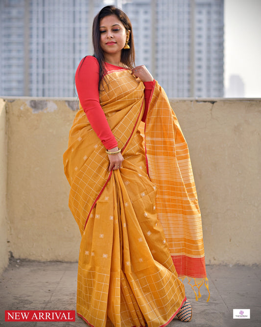 MARIGOLD - CHECK COTTON SILK SAREE (YELLOW & RED)