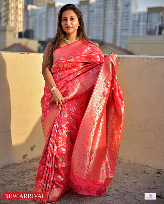 MANNAT - BANARASI SILK SAREE - FIERY ROSE PINK