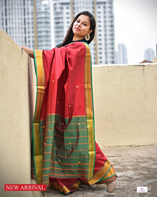 RAVISHING RED - KATAAN SILK SAREE (RED & GREEN)