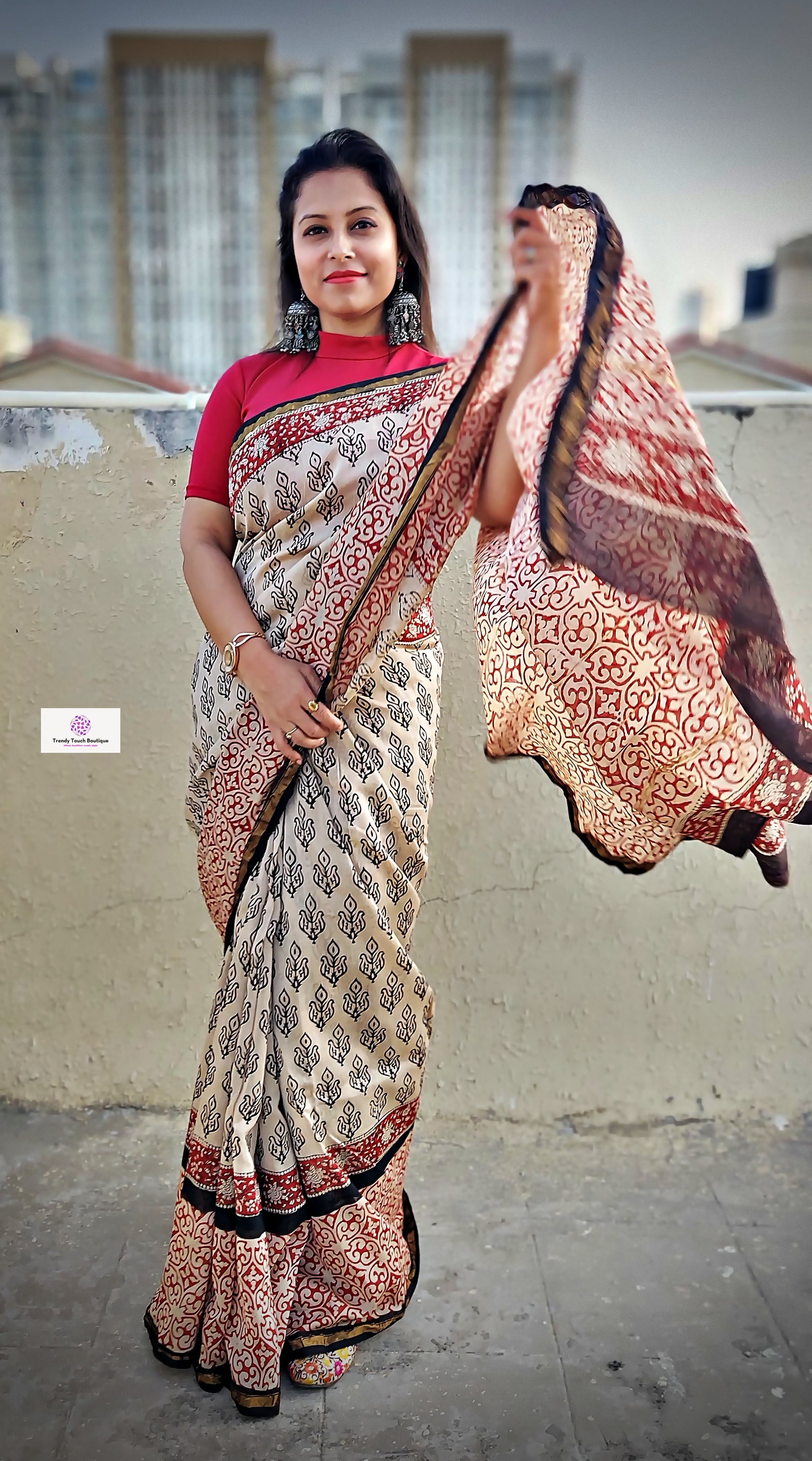 handblock print chanderi silk saree for office wear and casual use in summer best fabric with blouse piece red beige and brown