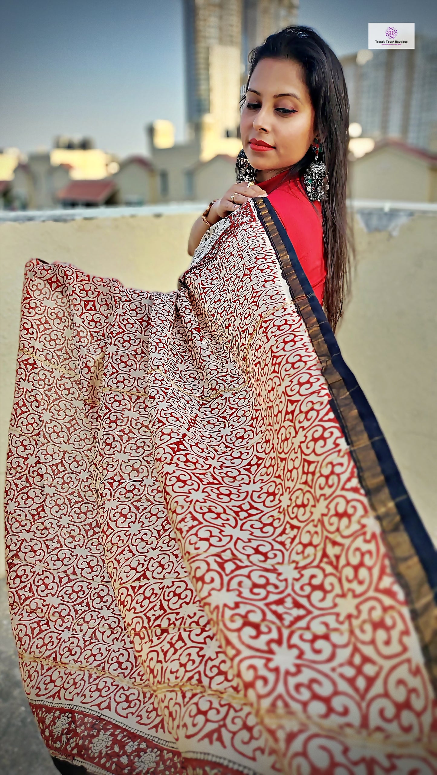 handblock print chanderi silk saree for office wear and casual use in summer best fabric with blouse piece red beige and brown