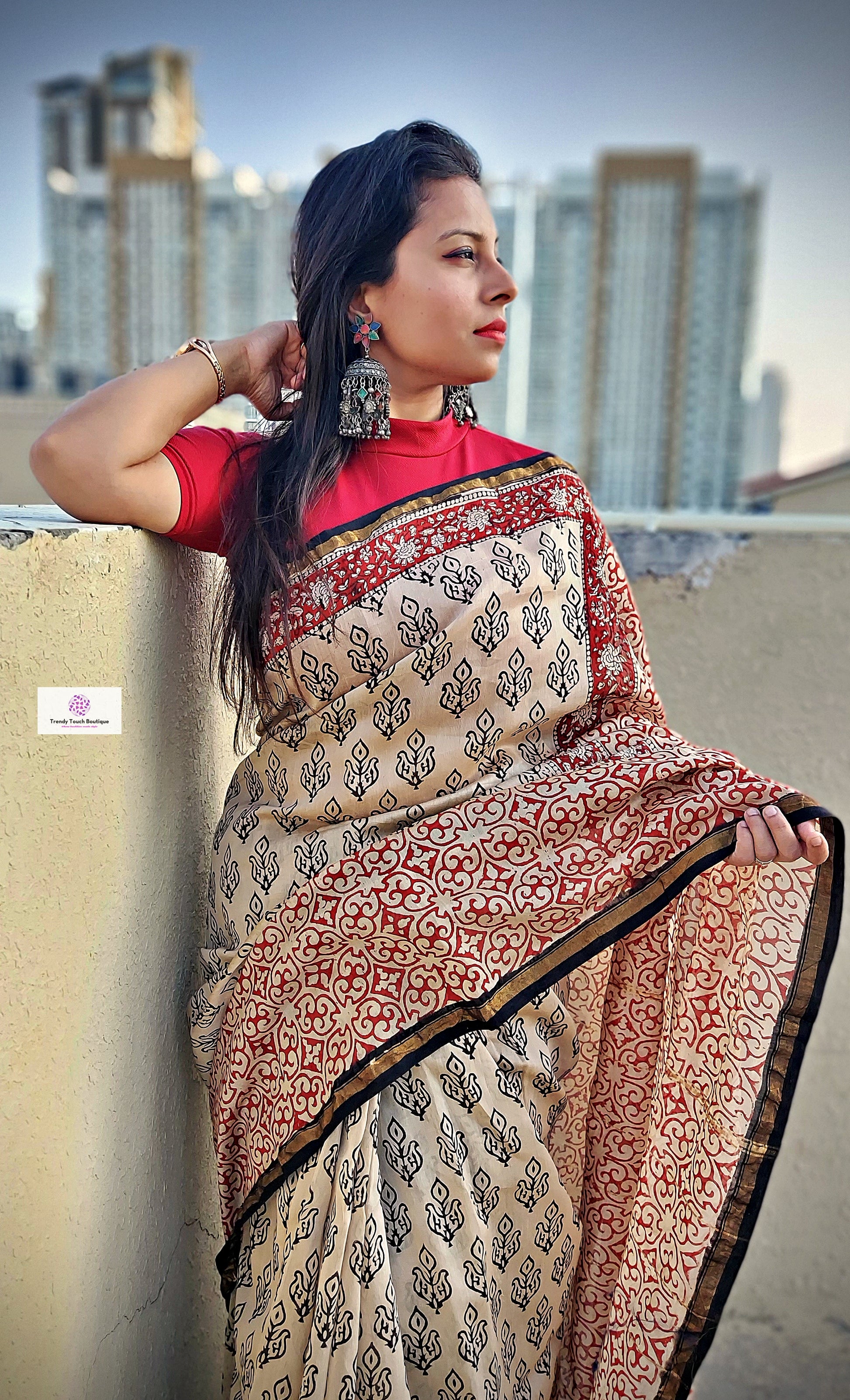 handblock print chanderi silk saree for office wear and casual use in summer best fabric with blouse piece red beige and brown