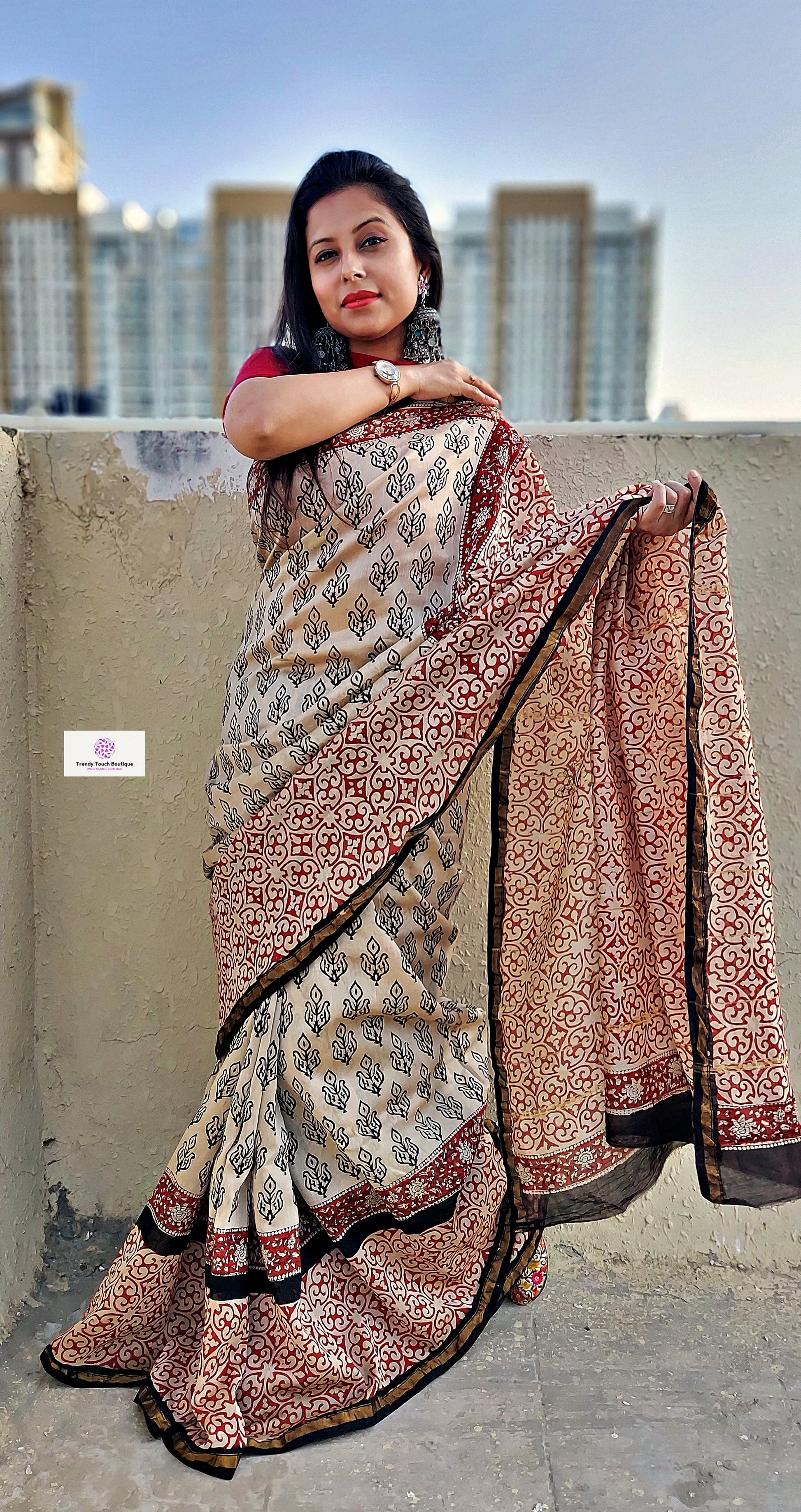 handblock print chanderi silk saree for office wear and casual use in summer best fabric with blouse piece red beige and brown