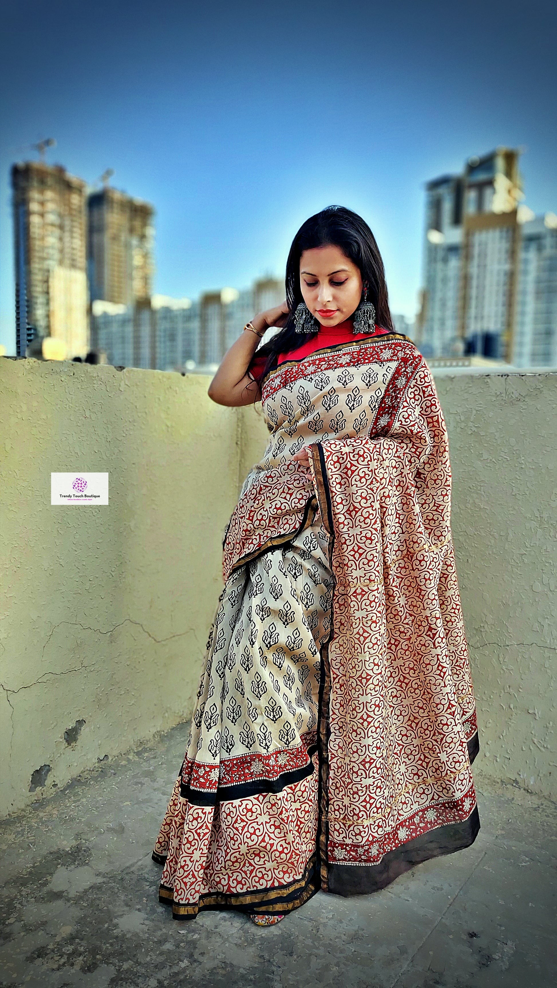 handblock print chanderi silk saree for office wear and casual use in summer best fabric with blouse piece red beige and brown