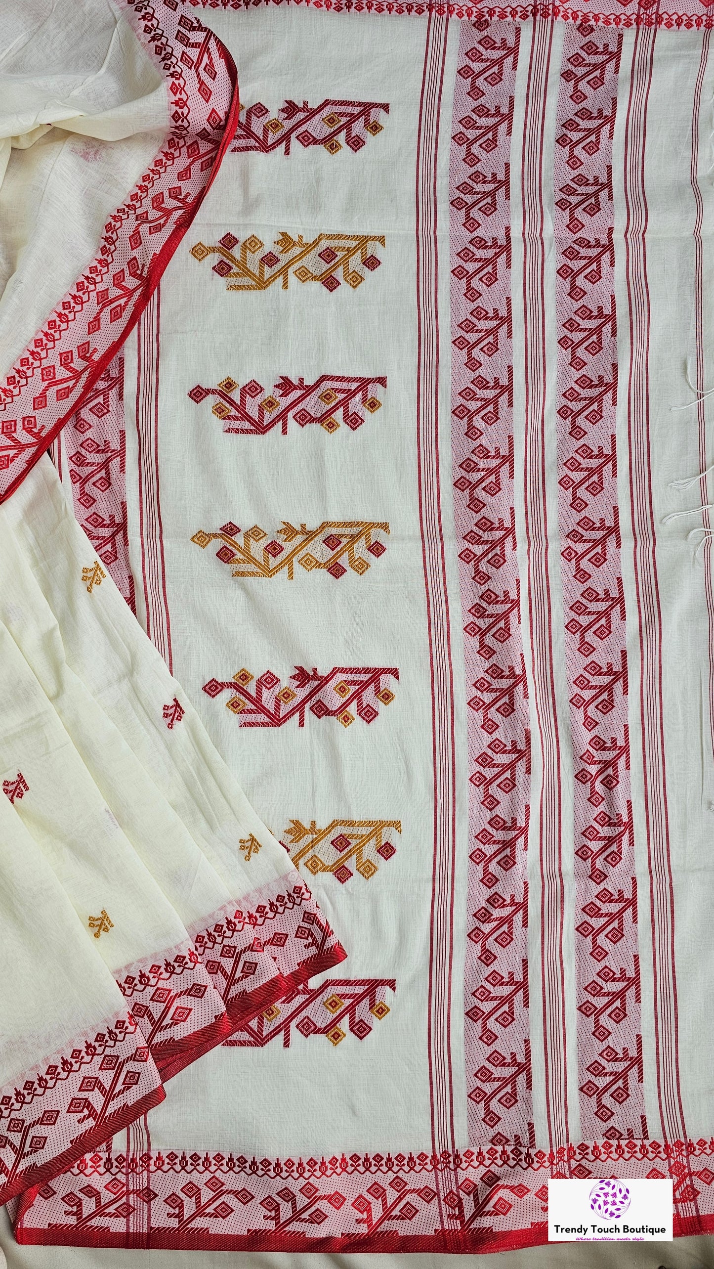 Bengal handloom mercerised cotton saree off white red yellow with blouse piece best price office wear regular wear 