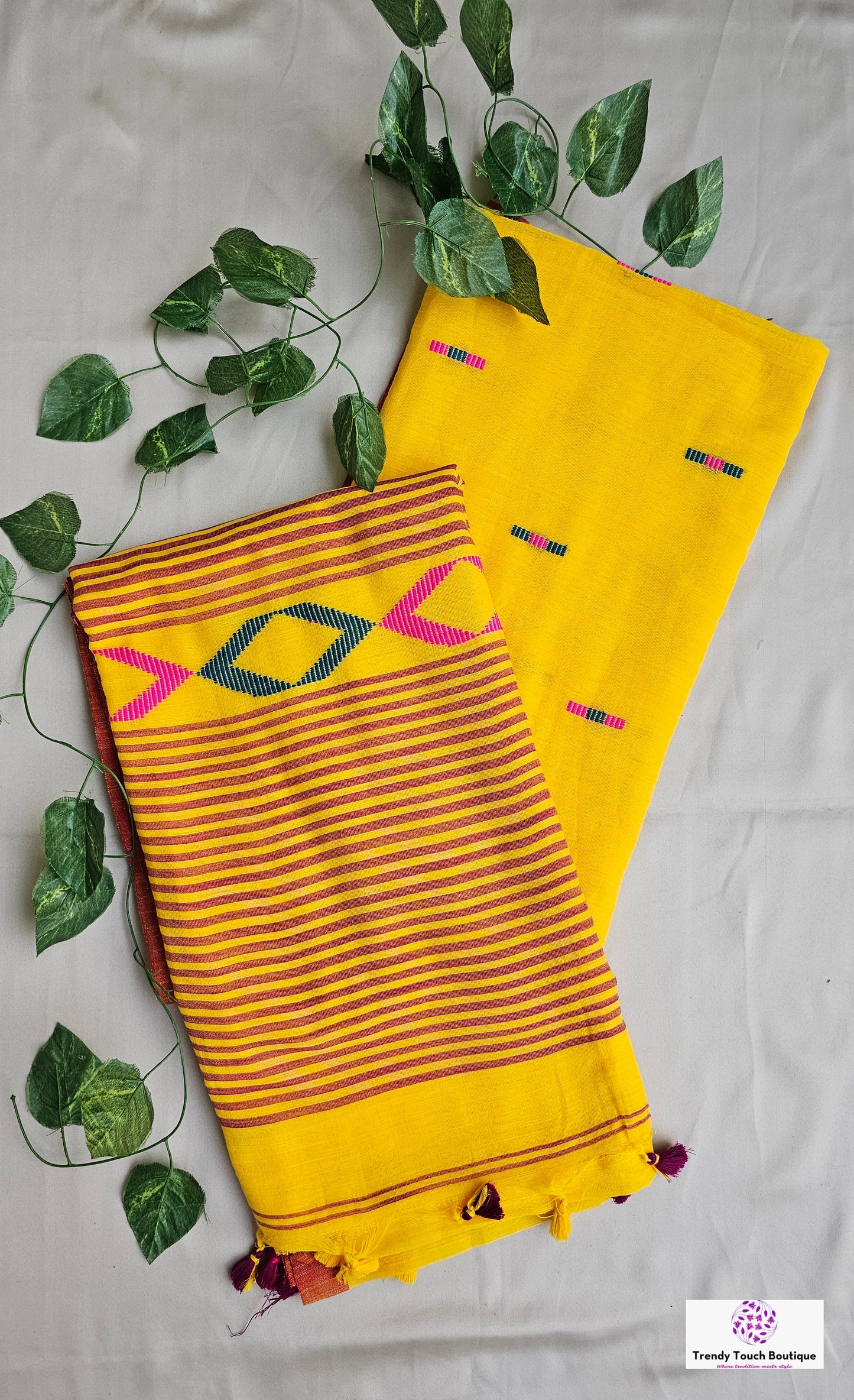 BASANT (MAROON TASSEL) BENGAL COTTON HANDLOOM SAREE (YELLOW)