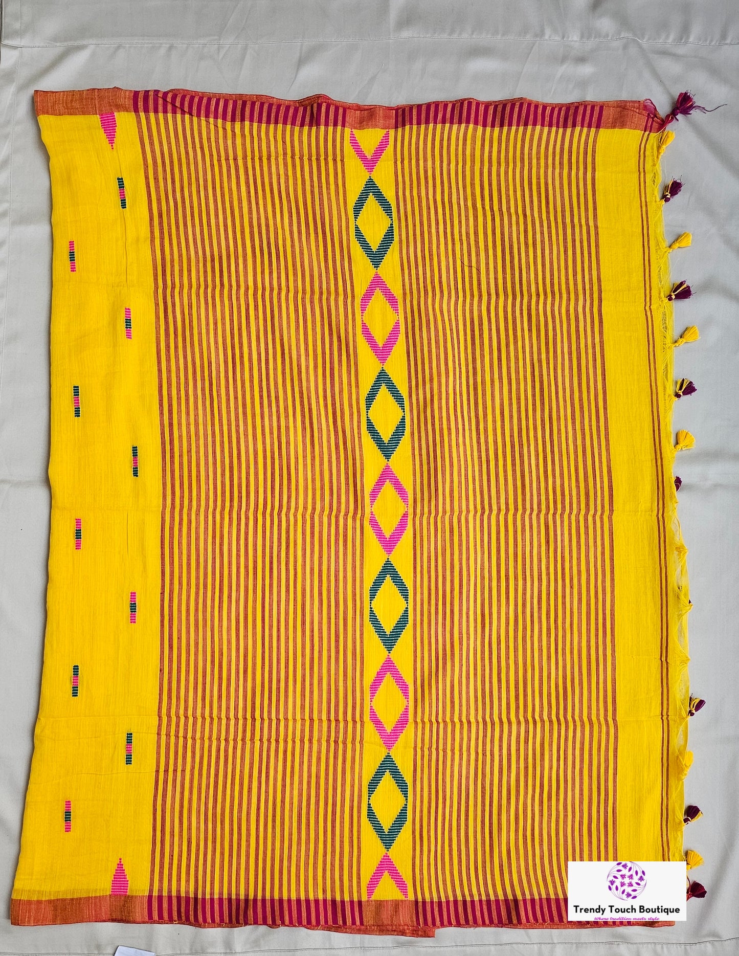 BASANT (MAROON TASSEL) BENGAL COTTON HANDLOOM SAREE (YELLOW)