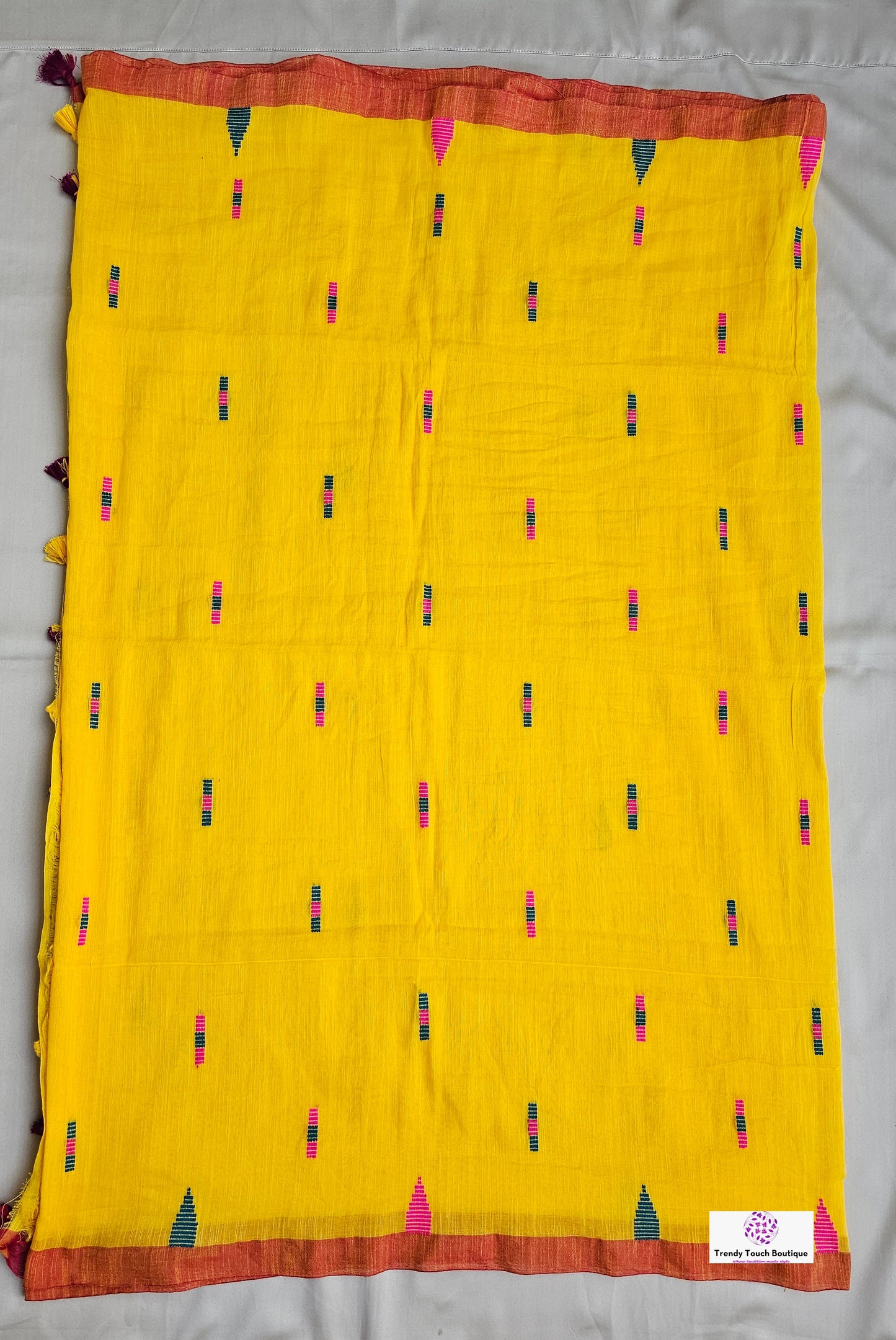 BASANT (MAROON TASSEL) BENGAL COTTON HANDLOOM SAREE (YELLOW)