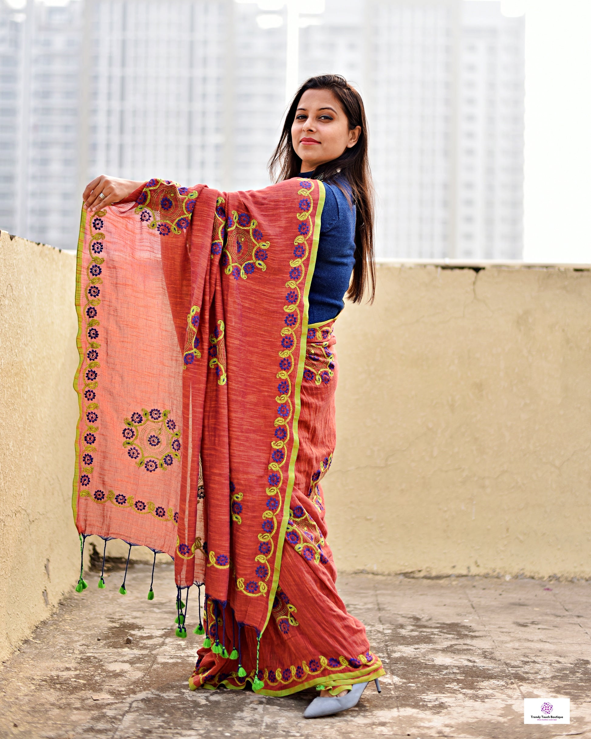 kantha handembroidered mulcotton designer saree best price for casual and wedding functions