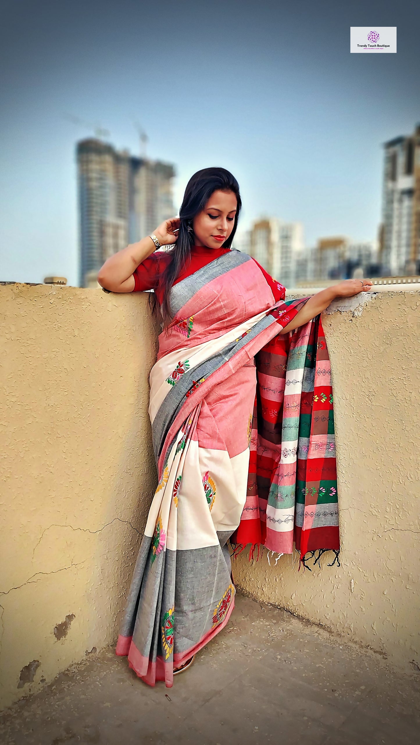 SCARLET - KANTHA HAND WORK - KHADI HANDLOOM SAREE