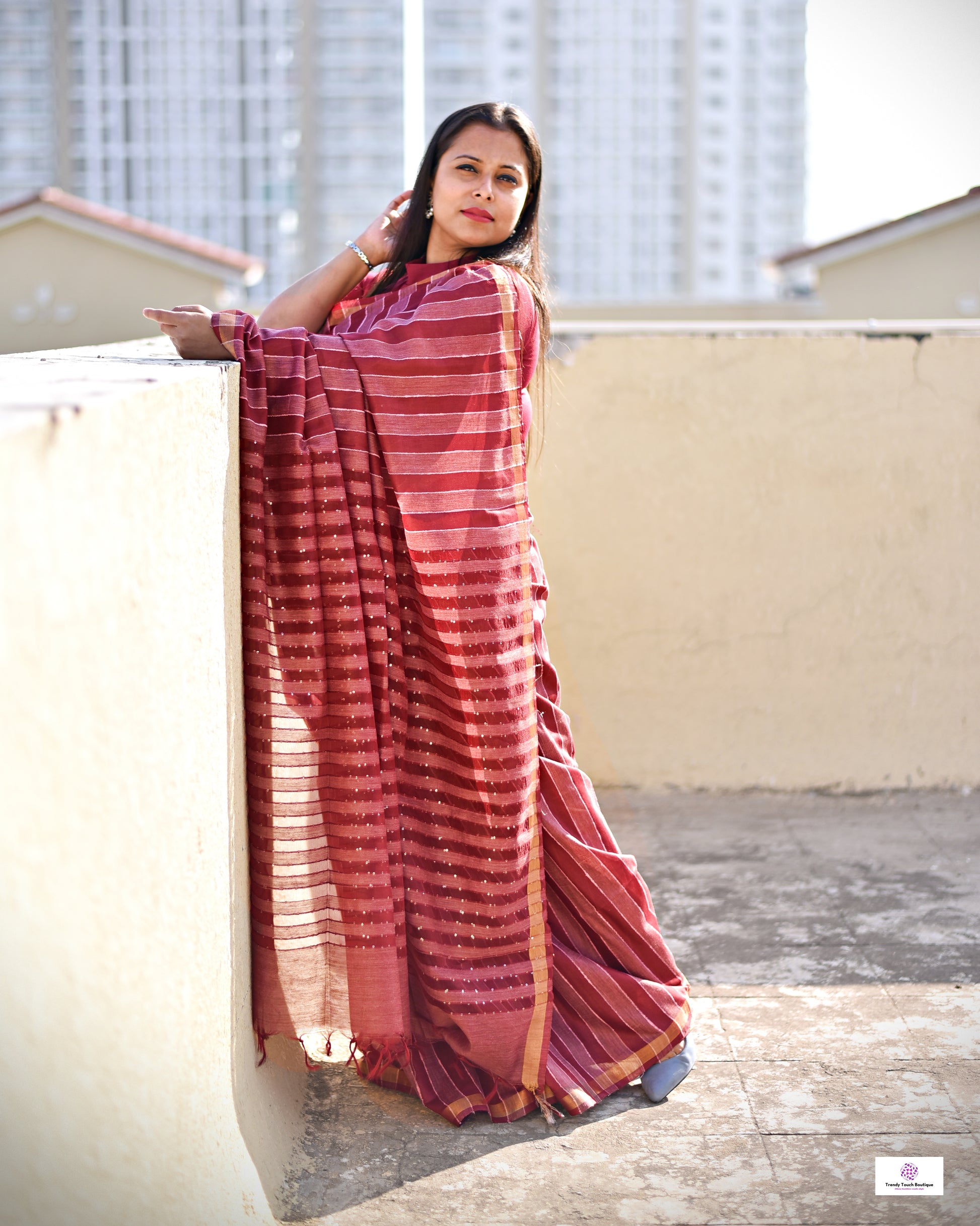 MAROON BANSWARA SILK SAREE STRIPE LINES WITH BLOUSE PIECE BEST PRICE