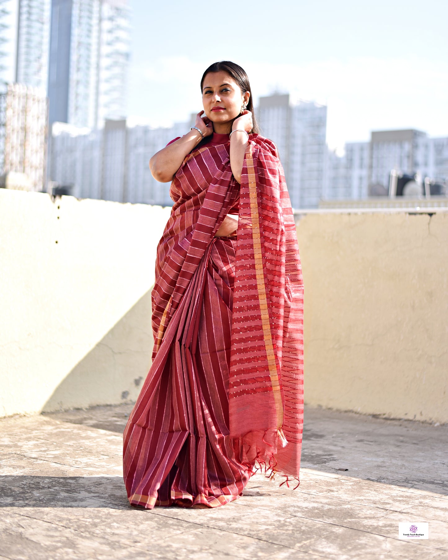 MAROON BANSWARA SILK SAREE STRIPE LINES WITH BLOUSE PIECE BEST PRICE