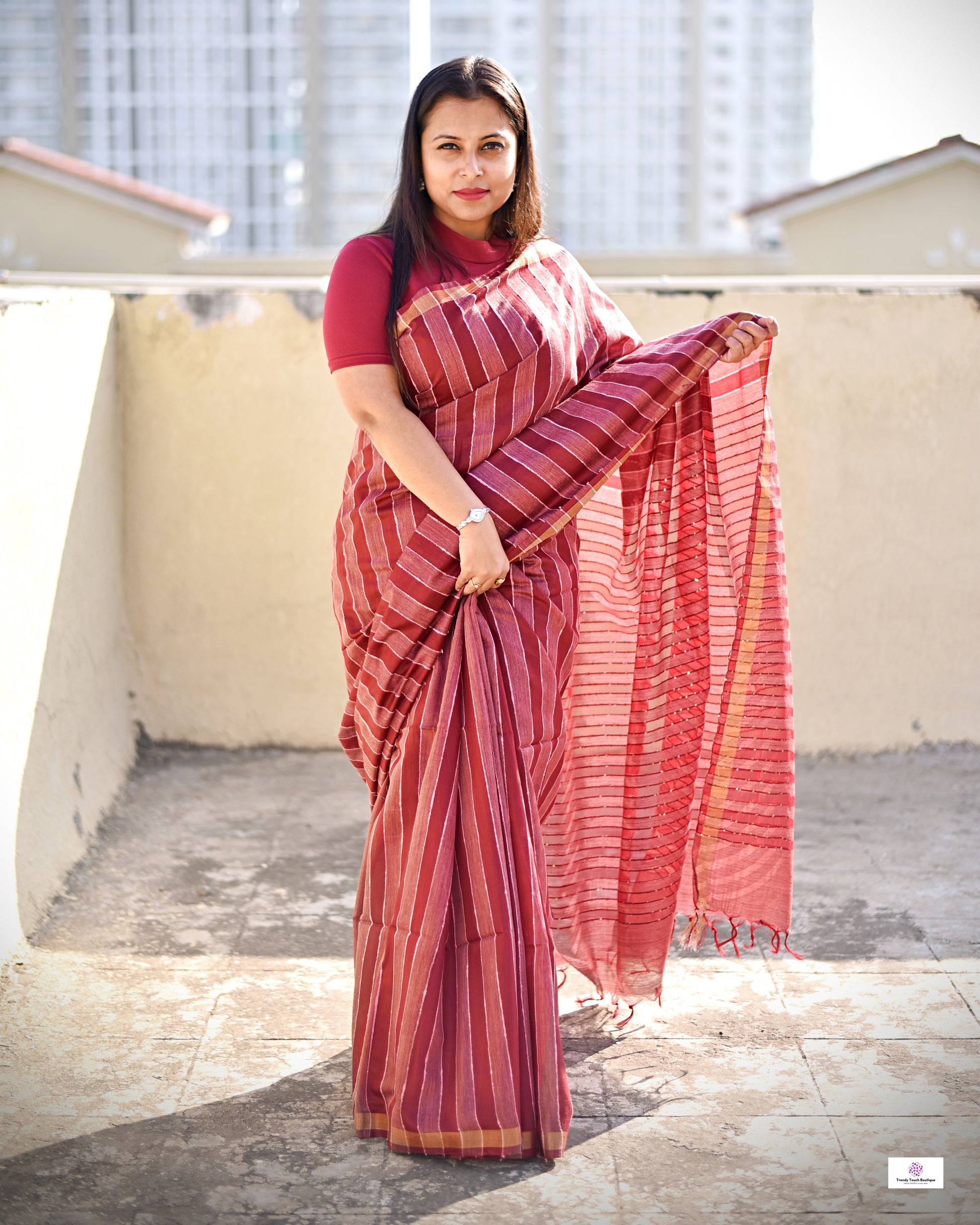 MAROON BANSWARA SILK SAREE STRIPE LINES WITH BLOUSE PIECE BEST PRICE