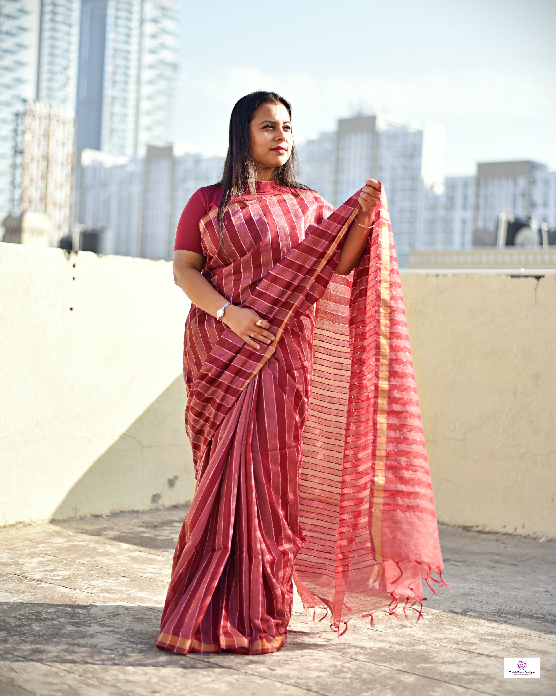 MAROON BANSWARA SILK SAREE STRIPE LINES WITH BLOUSE PIECE BEST PRICE