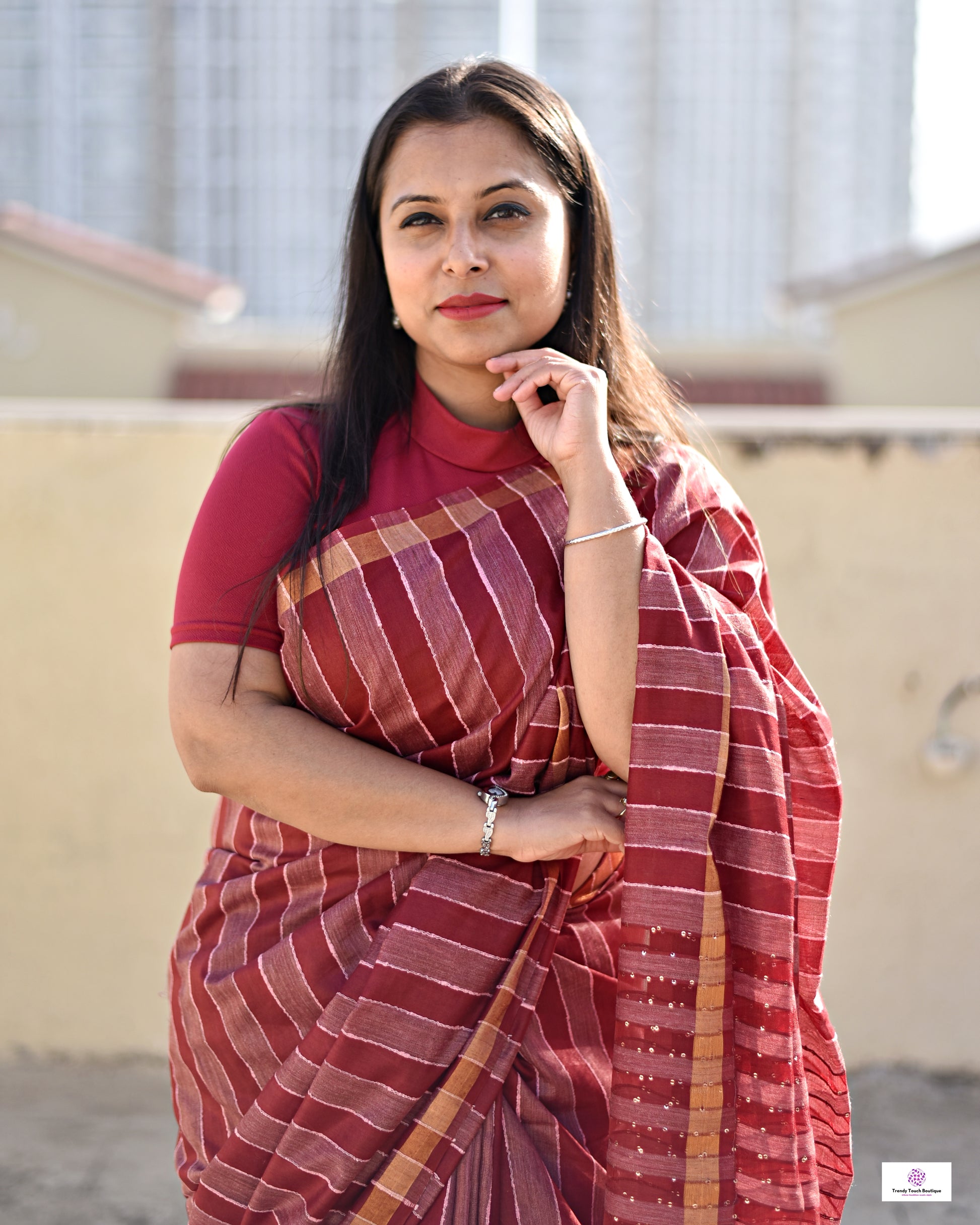 MAROON BANSWARA SILK SAREE STRIPE LINES WITH BLOUSE PIECE BEST PRICE