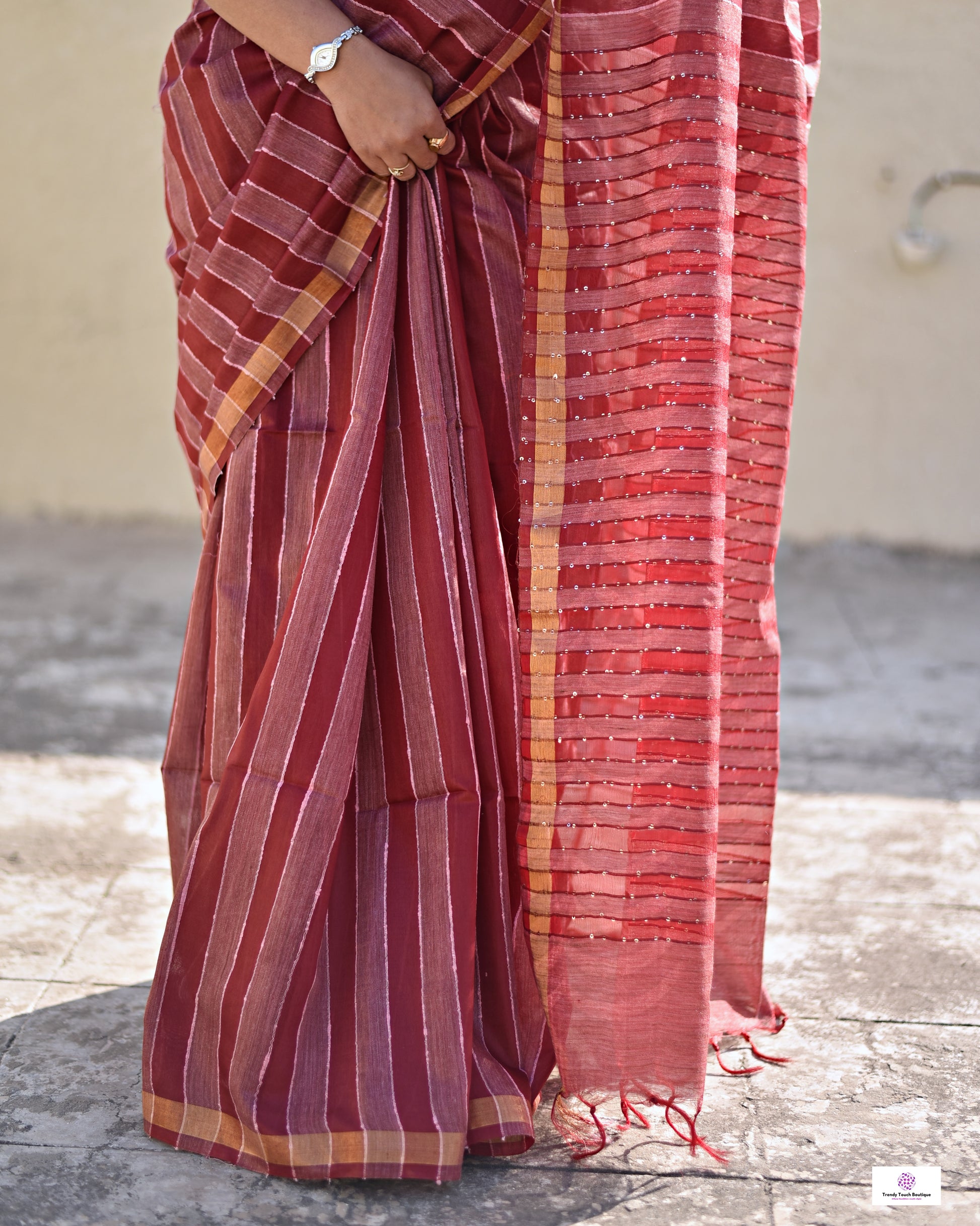 MAROON BANSWARA SILK SAREE STRIPE LINES WITH BLOUSE PIECE BEST PRICE