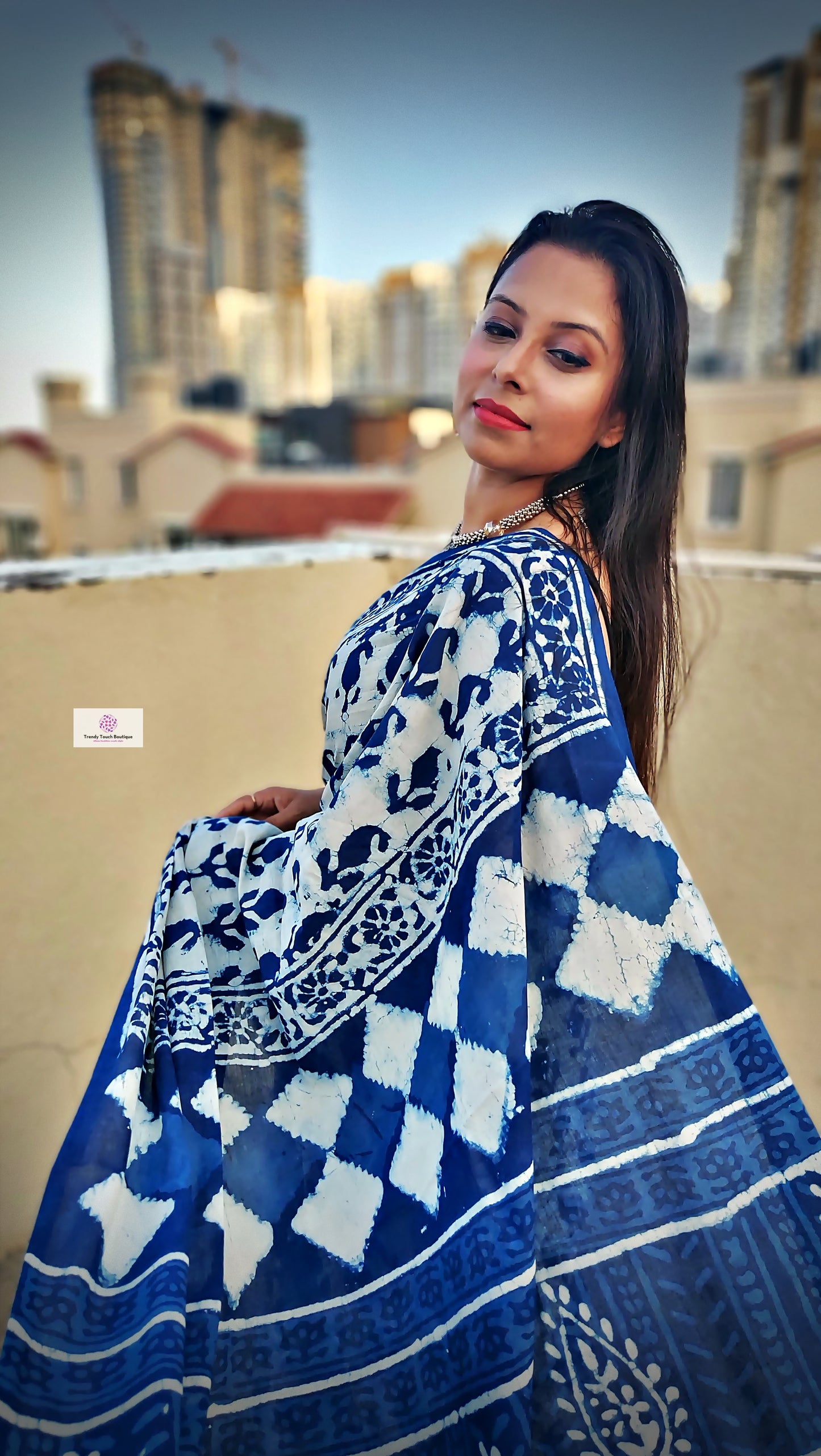 Indigo pattern Organic Handblock print in natural dye mul cotton saree office and casual styling best price best summer fabric with blouse piece
