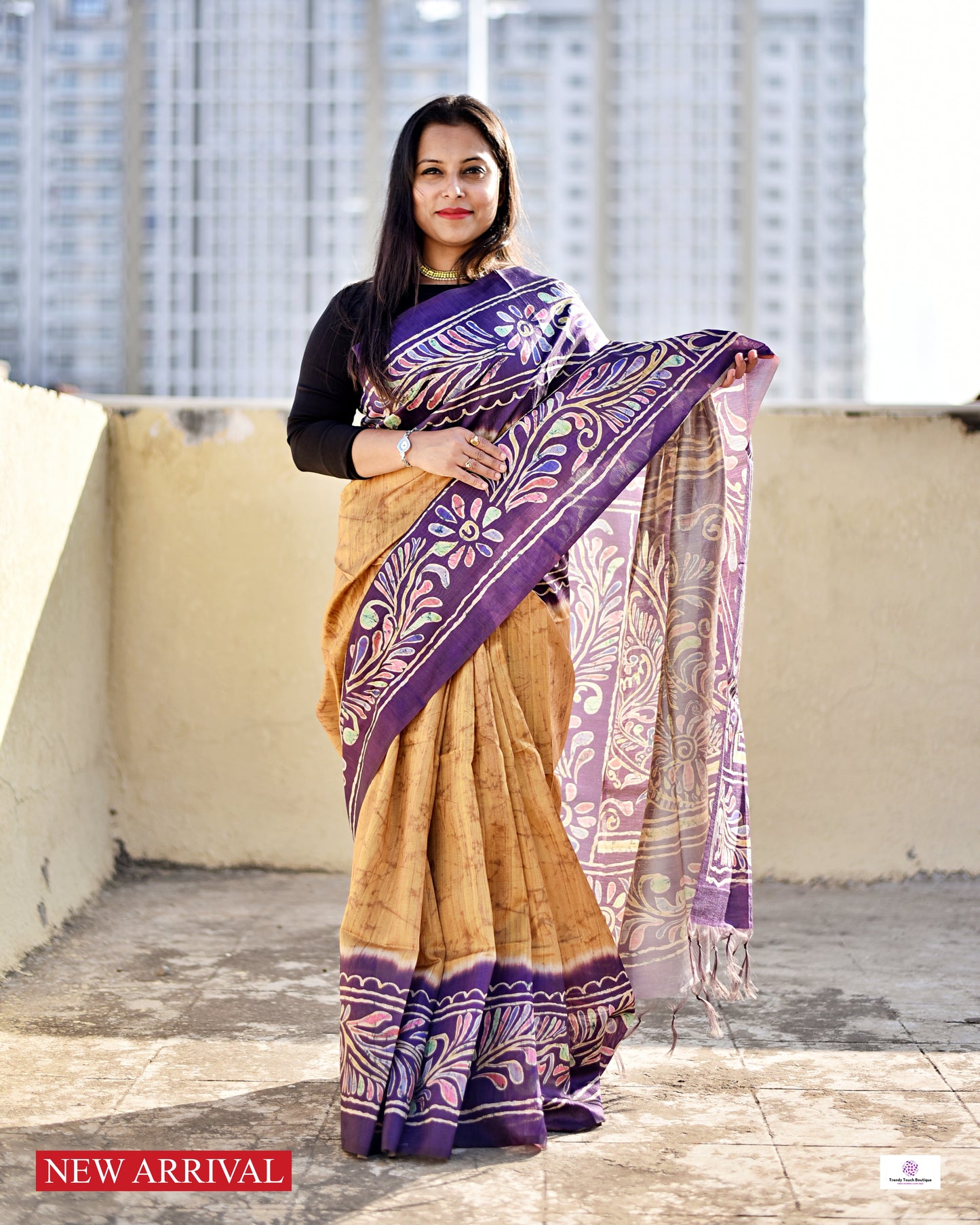 Semi Tussar Silk Saree with Digital Print Crack Batik style body and Tuli Batik style palla and border. Yellow and Violet color, low maintenance, budget friendly, stylish, office and casual outing wear saree.