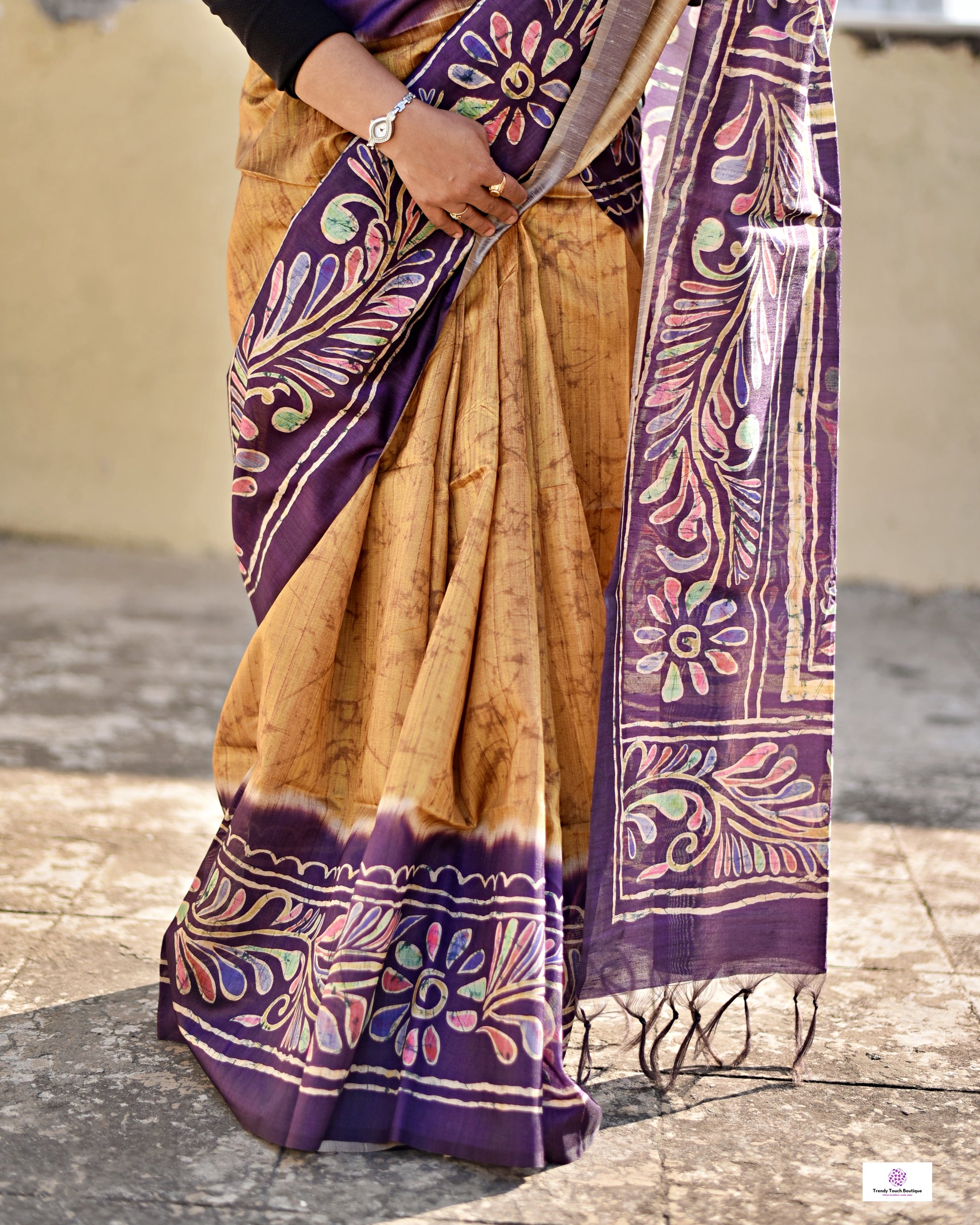 Semi Tussar Silk Saree with Digital Print Crack Batik style body and Tuli Batik style palla and border. Yellow and Violet color, low maintenance, budget friendly, stylish, office and casual outing wear saree.