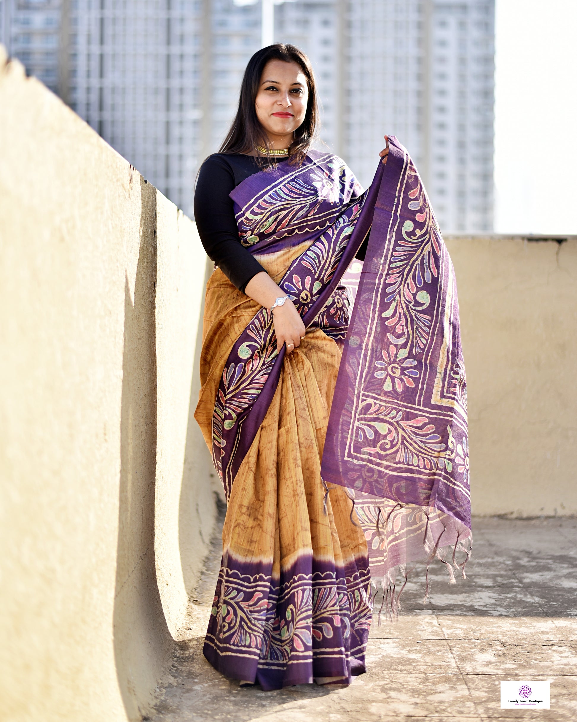 Semi Tussar Silk Saree with Digital Print Crack Batik style body and Tuli Batik style palla and border. Yellow and Violet color, low maintenance, budget friendly, stylish, office and casual outing wear saree.