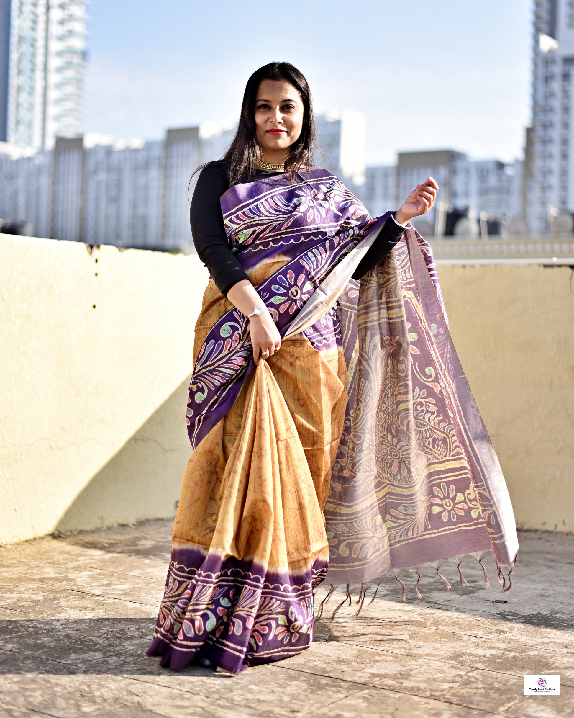 Semi Tussar Silk Saree with Digital Print Crack Batik style body and Tuli Batik style palla and border. Yellow and Violet color, low maintenance, budget friendly, stylish, office and casual outing wear saree.