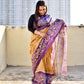 Semi Tussar Silk Saree with Digital Print Crack Batik style body and Tuli Batik style palla and border. Yellow and Violet color, low maintenance, budget friendly, stylish, office and casual outing wear saree.