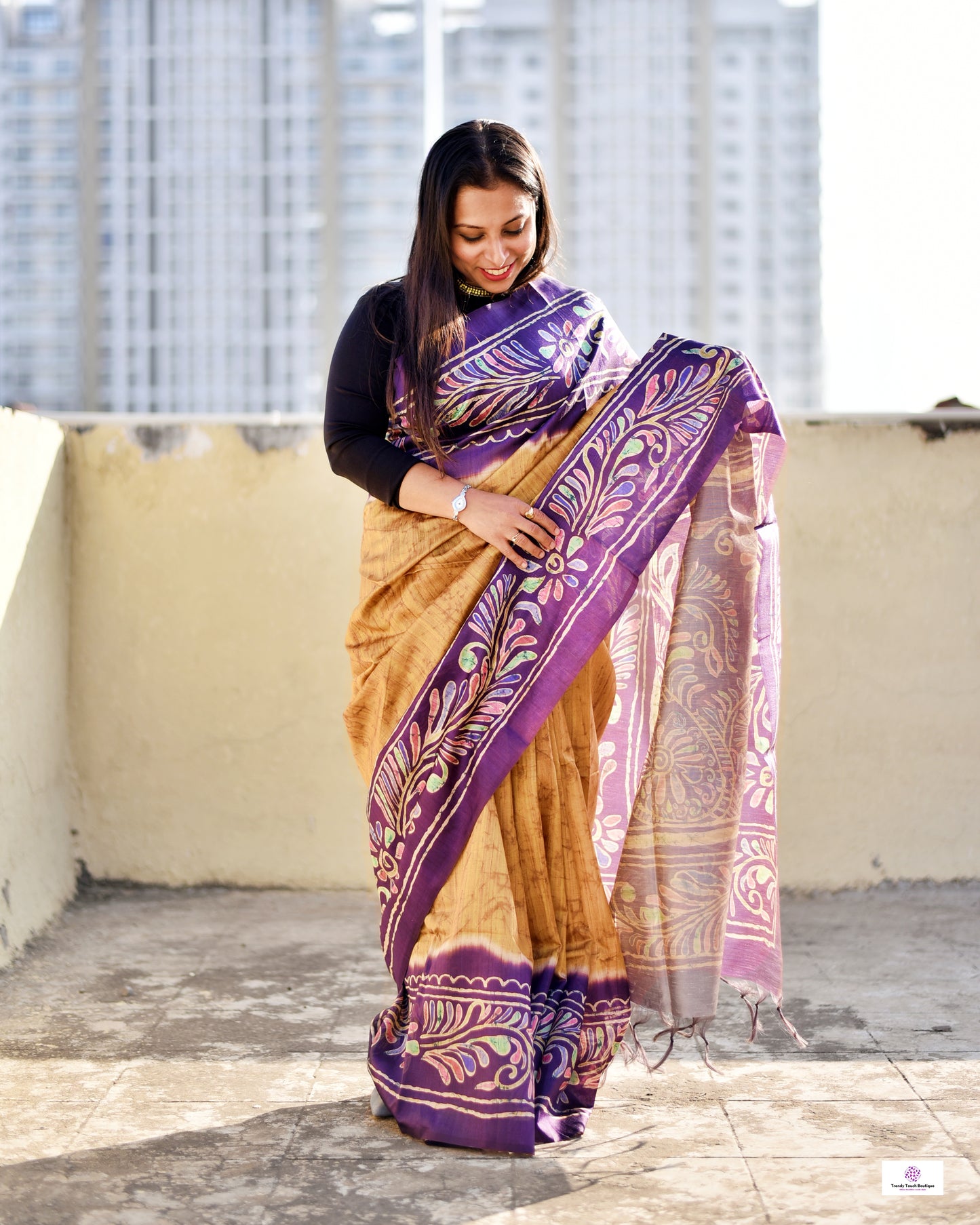 Semi Tussar Silk Saree with Digital Print Crack Batik style body and Tuli Batik style palla and border. Yellow and Violet color, low maintenance, budget friendly, stylish, office and casual outing wear saree.