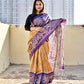 Semi Tussar Silk Saree with Digital Print Crack Batik style body and Tuli Batik style palla and border. Yellow and Violet color, low maintenance, budget friendly, stylish, office and casual outing wear saree.