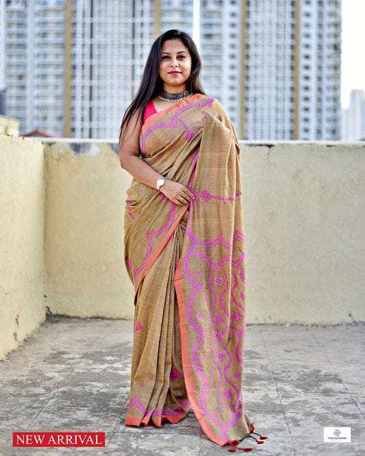 brown and pink kutch hand embroidered mulcotton saree casual and office wear lightweight with blouse piece best price