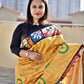 Semi Tussar silk saree geometric and floral pattern crack batik body and pure tussar silk handpainted design inspired digital print with blouse piece best price, office, regular wear lightweight saree