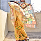 Semi Tussar silk saree geometric and floral pattern crack batik body and pure tussar silk handpainted design inspired digital print with blouse piece best price, office, regular wear lightweight saree