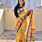 Semi Tussar silk saree geometric and floral pattern crack batik body and pure tussar silk handpainted design inspired digital print with blouse piece best price, office, regular wear lightweight saree