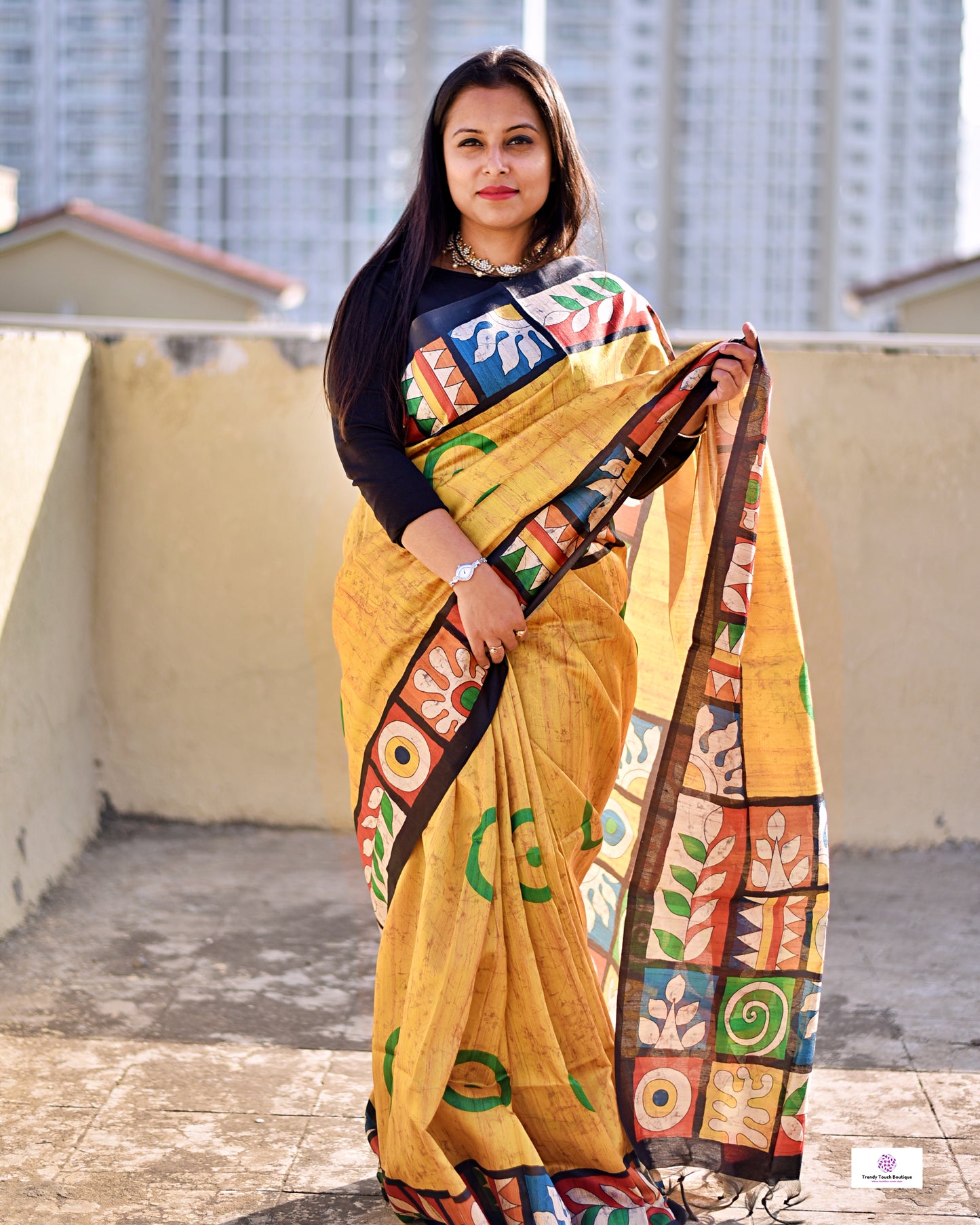 Semi Tussar silk saree geometric and floral pattern crack batik body and pure tussar silk handpainted design inspired digital print with blouse piece best price, office, regular wear lightweight saree