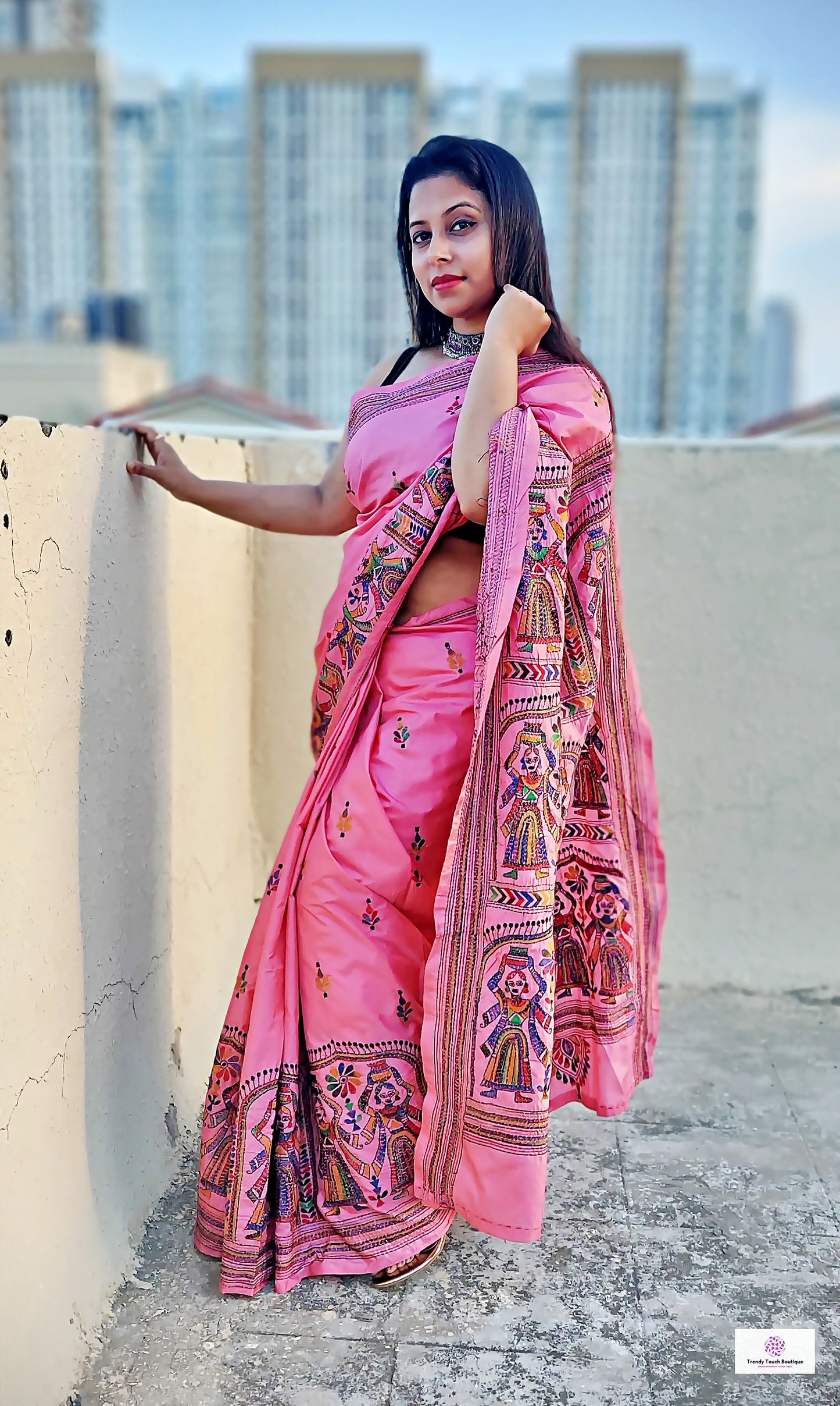 pink kantha stitch hand embroidered silk saree party wear wedding season marriage function special occasion saree price