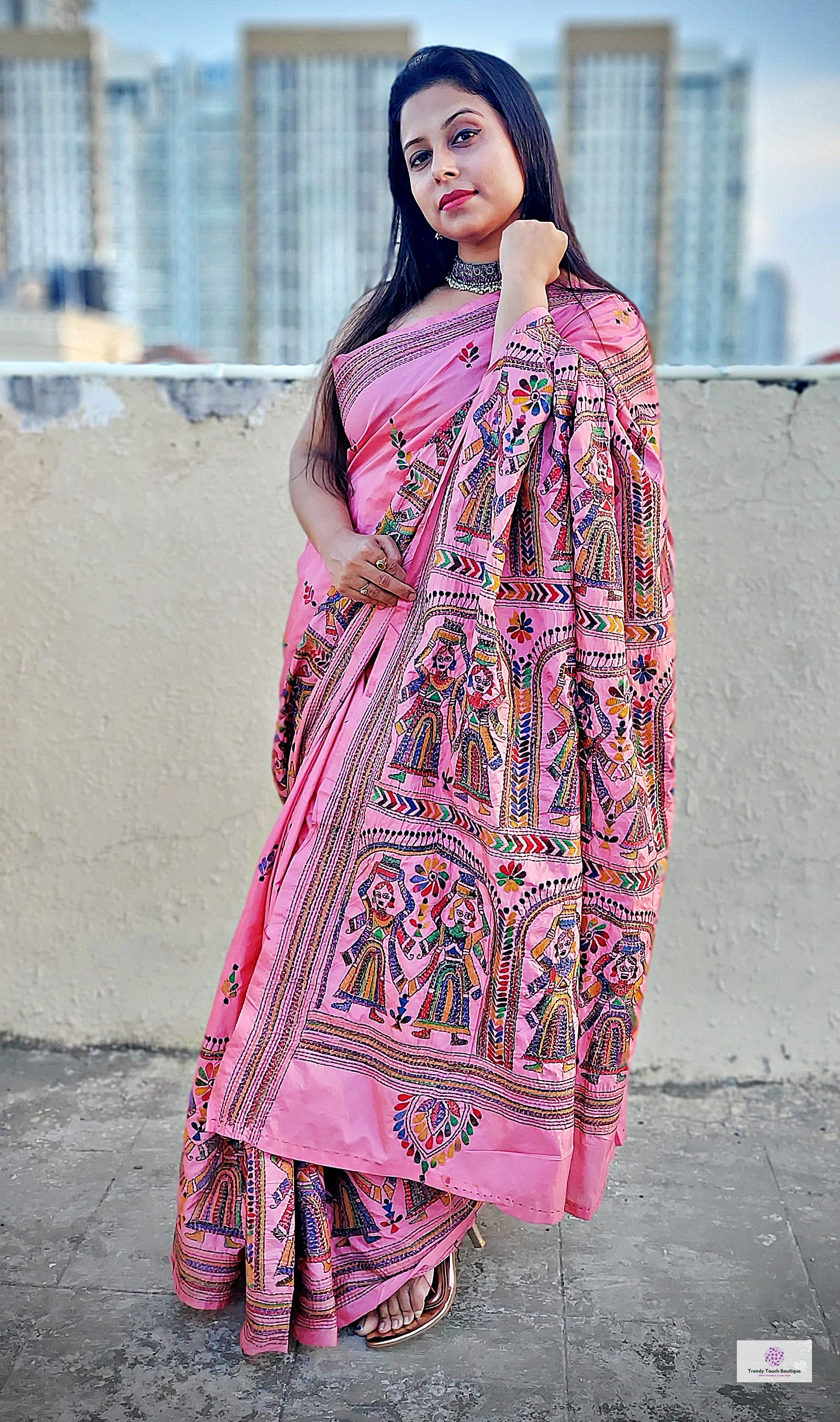 pink kantha stitch hand embroidered silk saree party wear wedding season marriage function special occasion saree price