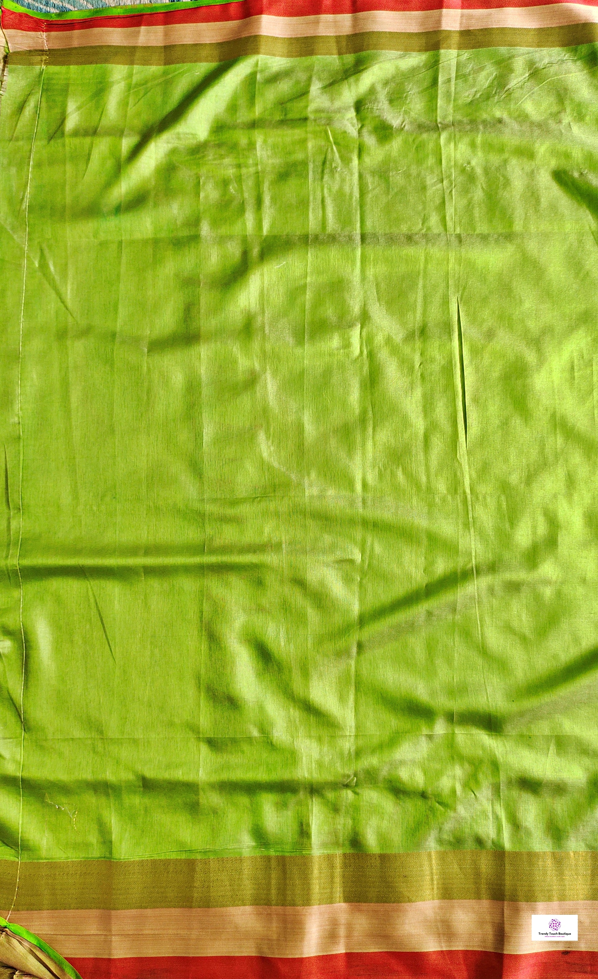 kantha handembroidered temple border on green red and golden bordered parrot green kataan silk saree best for summer wedding celebrations and speical functions with blouse piece best price