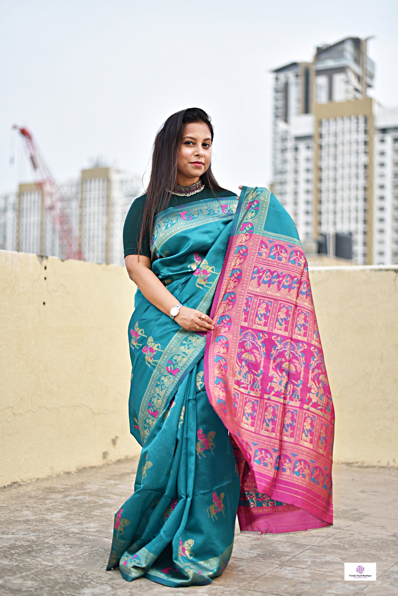 green pink soft baluchari silk saree for wedding and special ocassion lightweight with blouse piece best price