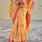 Muga cotton banarasi soft and lightweight puja and special ocassion casual wear saree yellow and pink with blouse piece best price