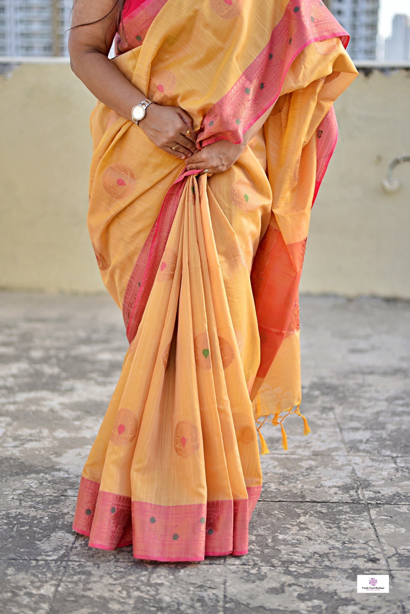 Muga cotton banarasi soft and lightweight puja and special ocassion casual wear saree yellow and pink with blouse piece best price