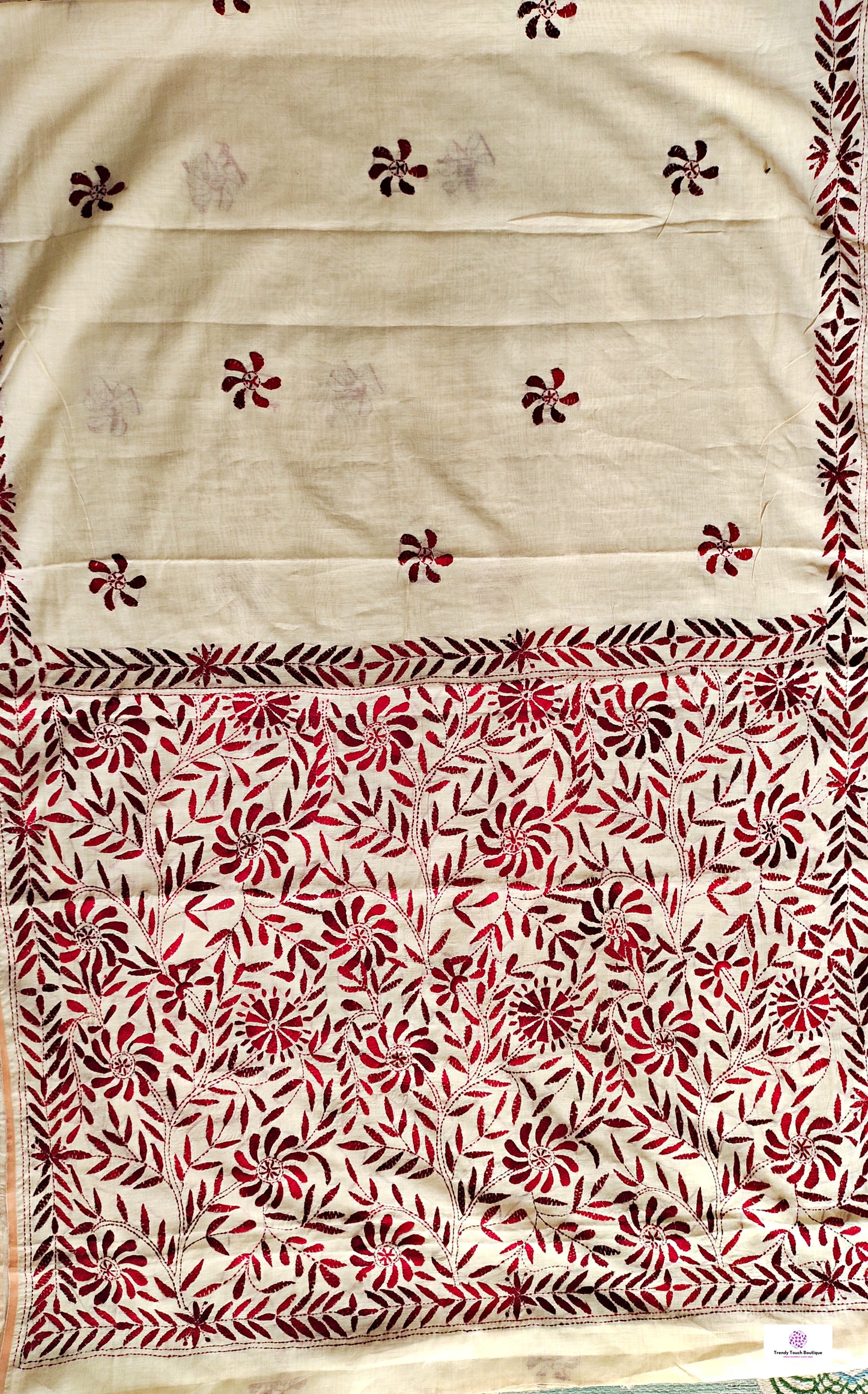 Kantha Phulkari handembroidery work Designer Khadi Tussar saree ivory color with maroon thread best price with blouse piece wedding function and casual celebrations and events