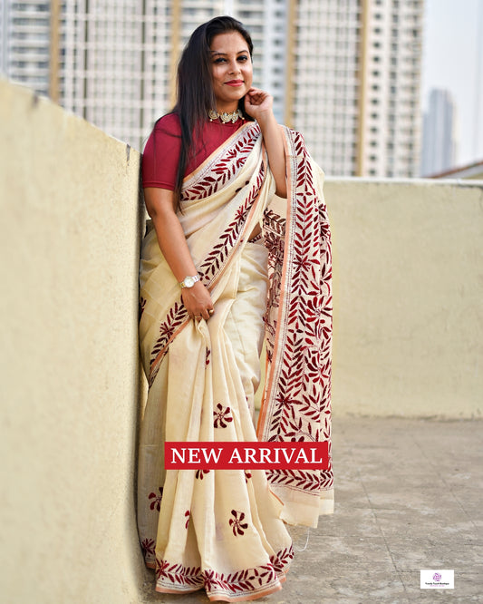 Kantha Phulkari handembroidery work Designer Khadi Tussar saree ivory color with maroon thread best price with blouse piece wedding function and casual celebrations and events