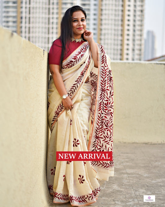 Kantha Phulkari handembroidery work Designer Tussar cotton saree ivory color with maroon thread best price with blouse piece wedding function and casual celebrations and events