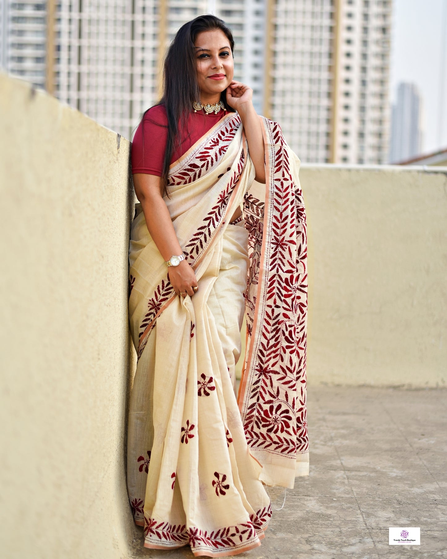 CHAAND - KANTHA HAND EMBROIDERED - DESIGNER KHADI TUSSAR SAREE (IVORY)