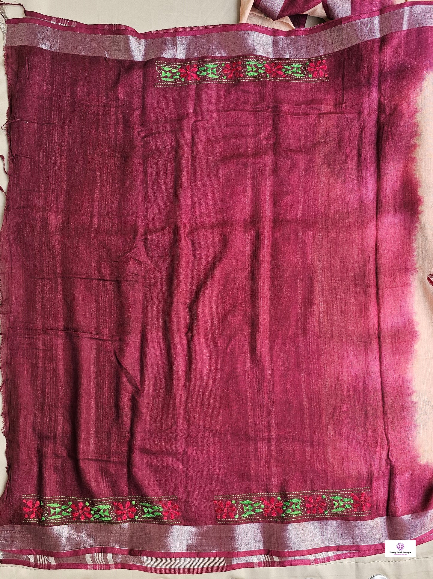 kantha handembroidered linen saree with maroon and beige tye and dye office wear or casual outing special events with blouse piece best price