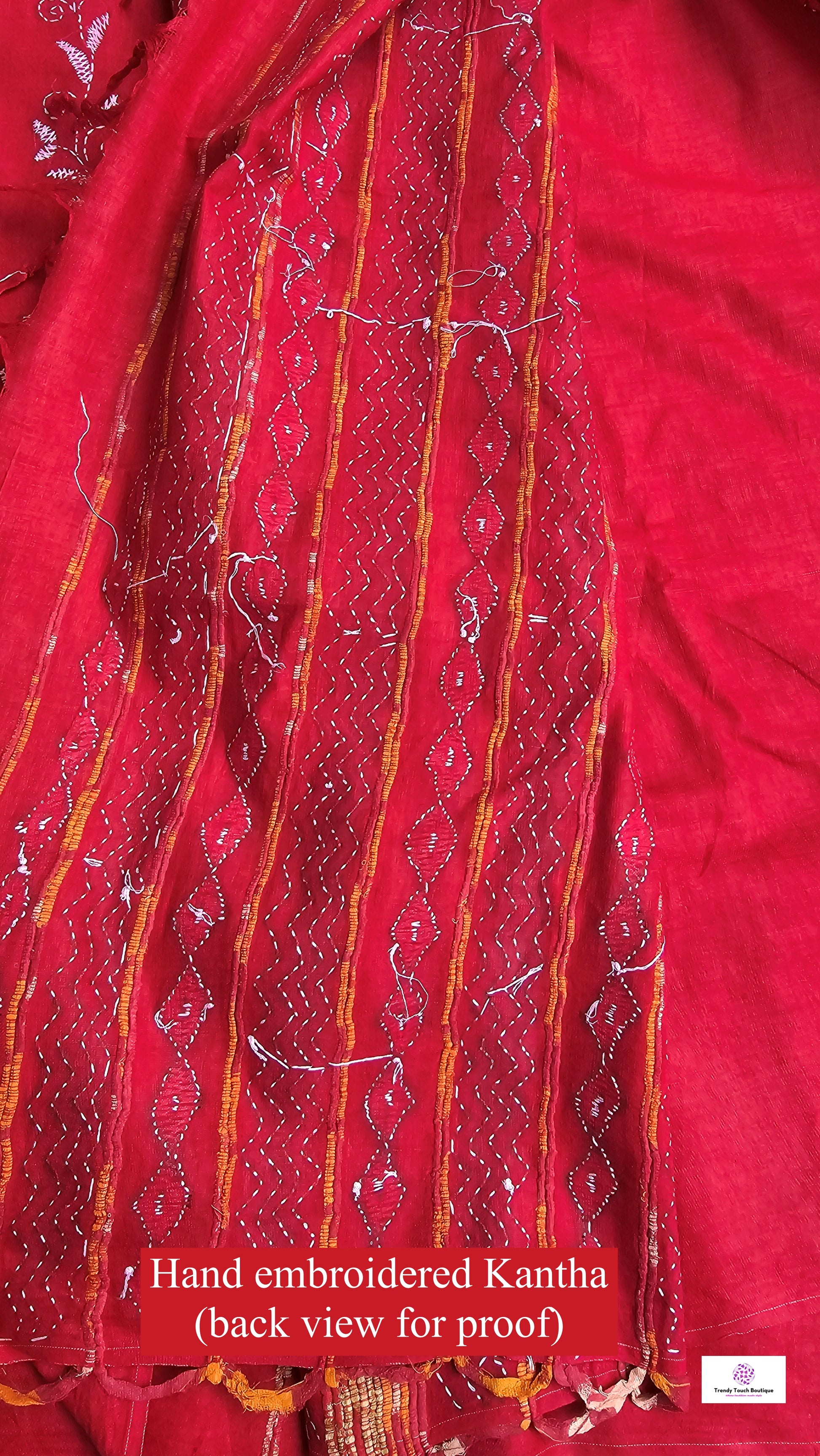 Kantha stitch handembroidered designer red khesh khadi cotton handloom with blouse piece best price