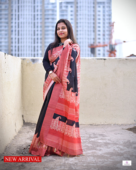 semi ghicha silk paisley digital print black and red saree for regular wear and casual function office for women with blouse piece and best price