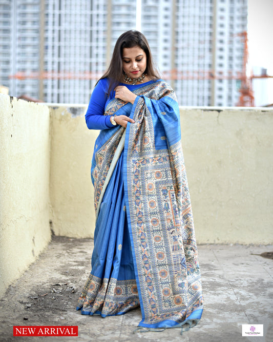 semi ghicha silk blue madhubani digital print saree for regular wear and casual function office for women with blouse piece and best price