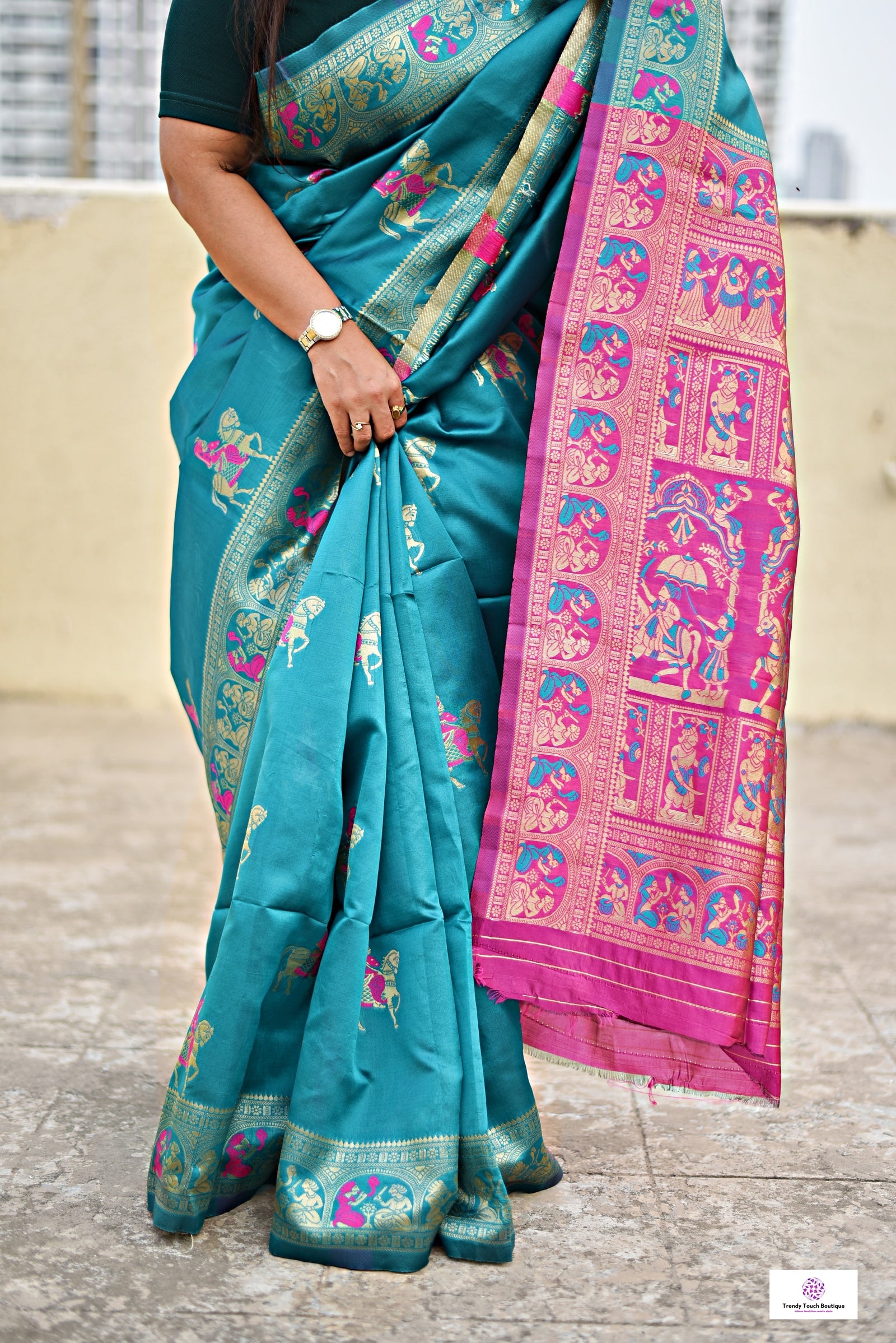 green pink soft baluchari silk saree for wedding and special ocassion lightweight with blouse piece best price